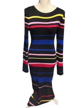 &merci Large Striped Bodycon Sweater Dress Black Pink Blue Yellow Knit Midi